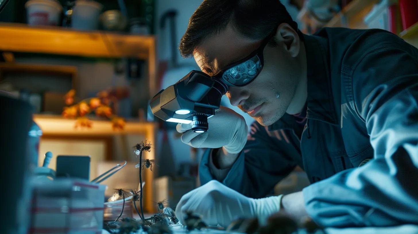 a close-up view of a professional pest control technician inspecting a residential property, surrounded by various high-tech equipment and tools, highlighting the severity assessment of an infestation in an urban indoor setting.