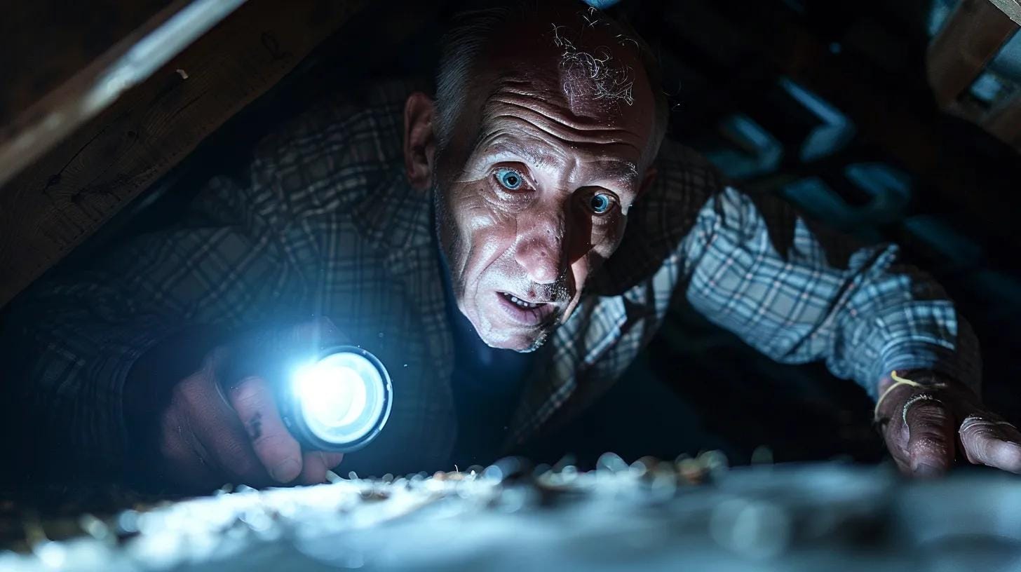 a close-up view of a professional pest control technician examining a dark attic space, illuminated by a bright flashlight, revealing signs of termites and silverfish, with an expression of concentration that highlights the unexpected complexities of pest inspection fees.