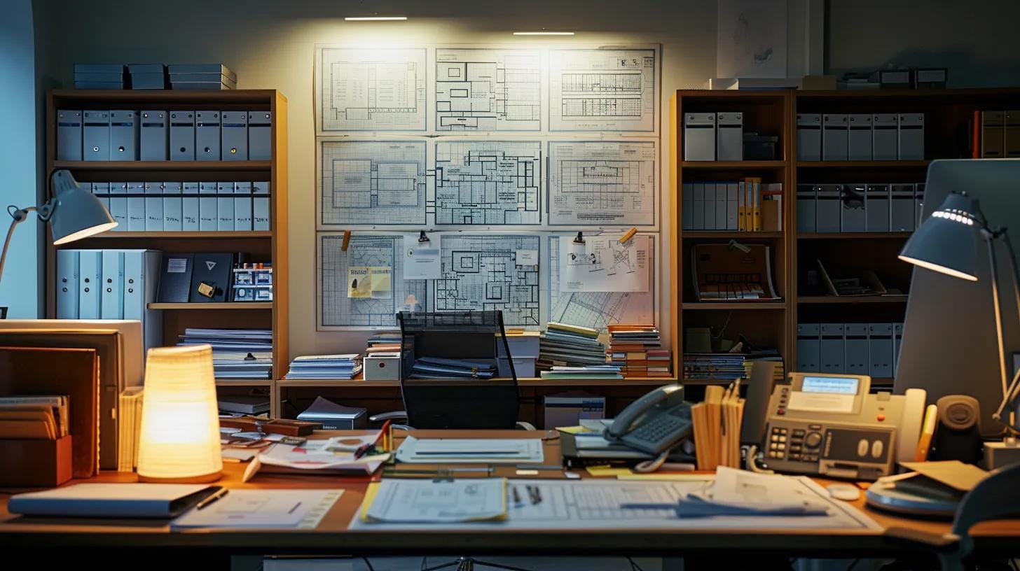 a detailed view of an urban pest control office, showcasing a sleek desk cluttered with blueprints of various property layouts, pest management schematics, and reports, illuminated by bright artificial lighting, conveying the complexity and professionalism behind local pest management pricing.