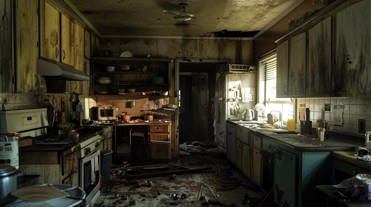 a dimly lit, cluttered kitchen exudes a faint, musty aroma as a concerned homeowner stands in the foreground, scanning the area with a look of alarm, hinting at an unseen roach infestation lurking in the shadows.
