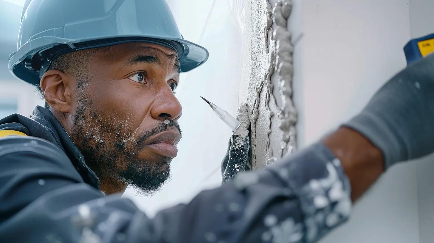 a focused close-up of a professional pest control technician meticulously sealing a wall crack with silicone caulk in a modern urban office setting, highlighting the importance of pest prevention and building maintenance.