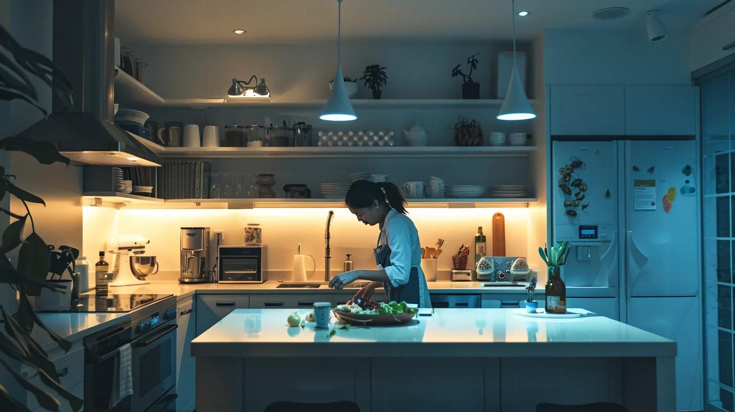 a focused indoor scene of a clean, well-organized kitchen featuring a person diligently cleaning countertops and checking for signs of pests, illuminated by bright overhead lights to emphasize cleanliness and vigilance against roaches.