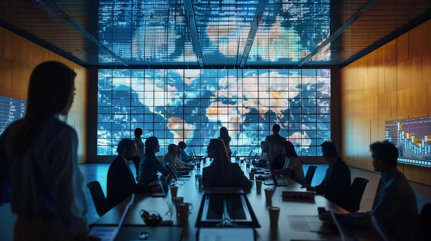 a modern office conference room filled with diverse professionals analyzing a detailed chart on local pest control pricing models, emphasizing the impact of service frequency and contract terms on rates.