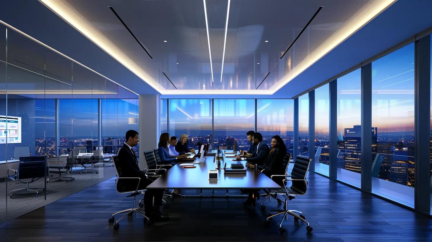 a sharp, modern office environment showcases a diverse group of professionals gathered around a sleek conference table, intently discussing pest control service credentials, illuminated by bright overhead lights and featuring a large screen displaying business ratings and certifications.