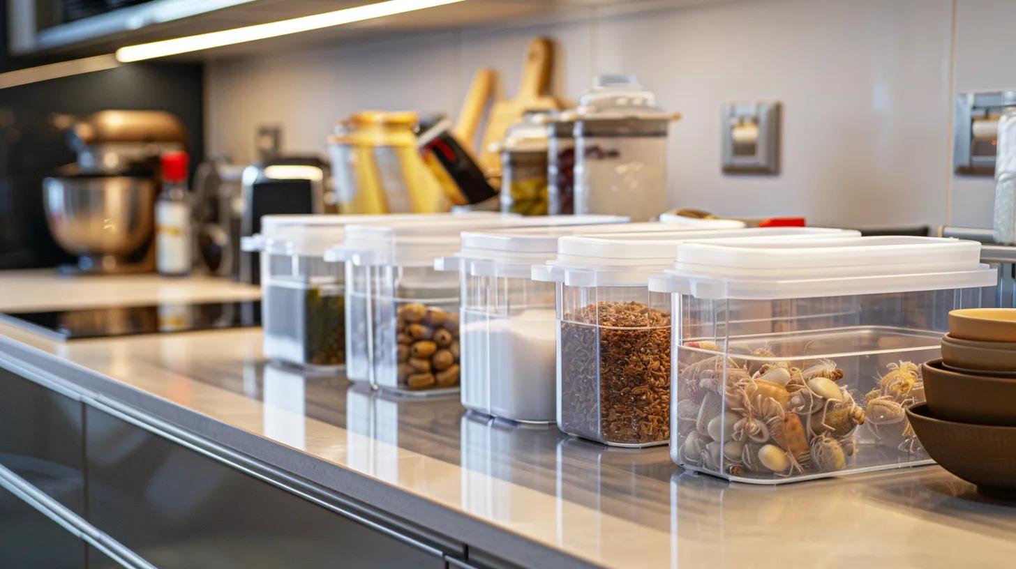 a sleek, modern kitchen with a pristine countertop showcasing airtight food storage containers and sparkling clean surfaces, emphasizing cleanliness and organization to deter roach infestations.