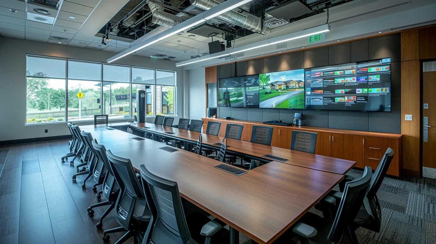 a sleek, modern office space features a large conference table surrounded by professionals engaged in a discussion, with a digital presentation on a screen showcasing various pest types and their corresponding service prices, emphasizing the complexities of pest control pricing.