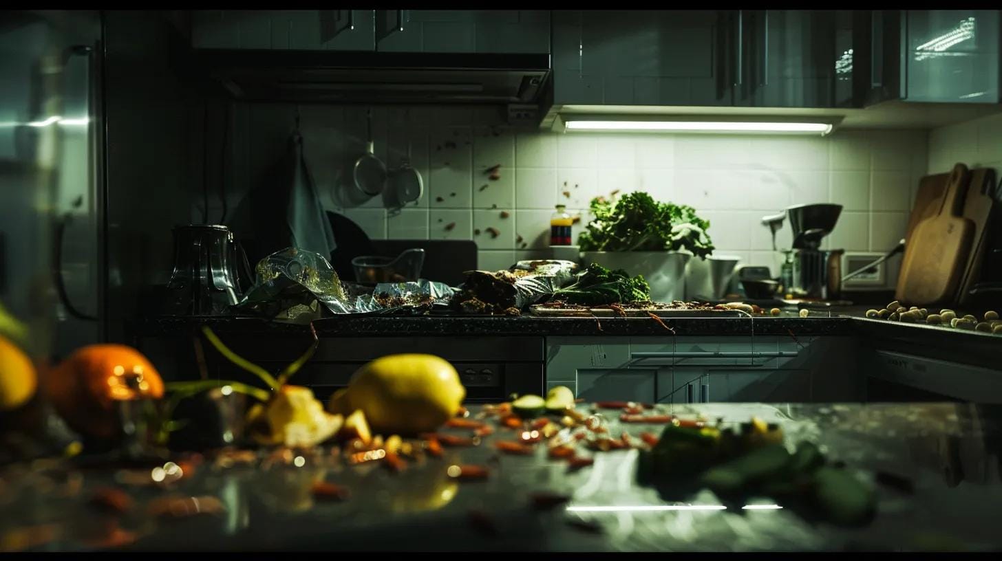 a starkly lit urban kitchen counter reveals distinct signs of a cockroach infestation, showcasing scattered droppings, shed skins, and damaged food packaging against a backdrop of clean, modern appliances.