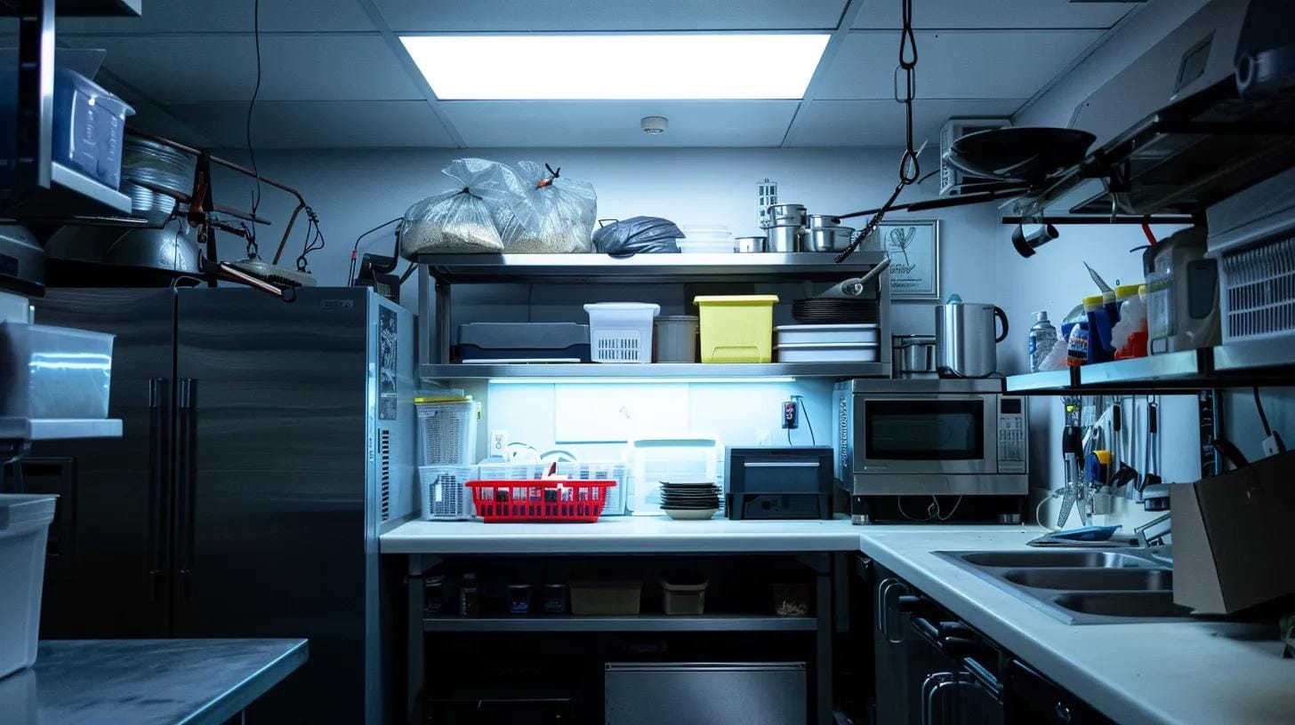 an organized and modern kitchen featuring strategically placed roach traps alongside digital monitoring devices, illuminated by focused overhead lighting, captures the essence of proactive pest control and consistent monitoring against re-infestation.