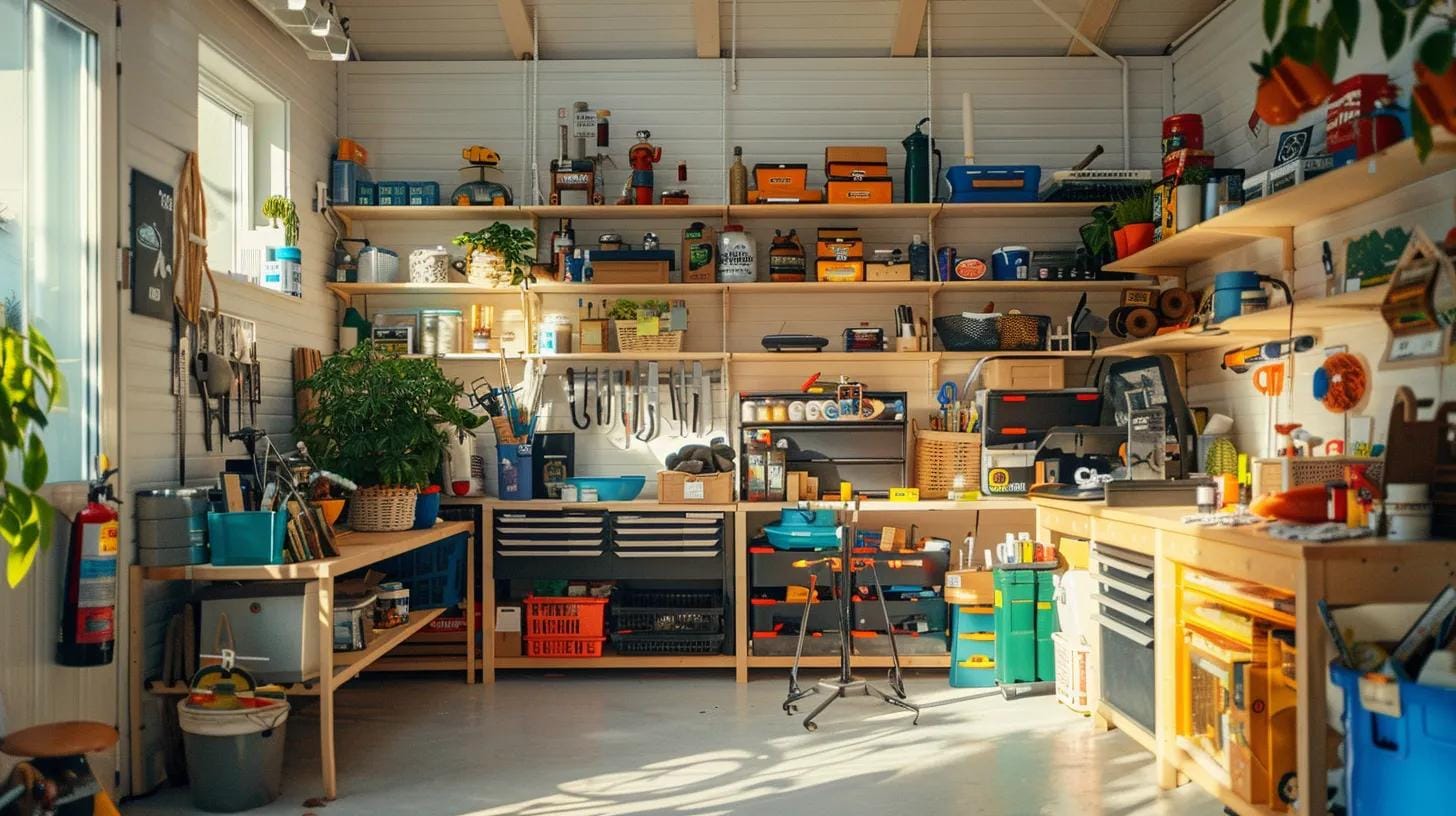 a bright, organized home workshop is filled with various pest management tools and over-the-counter products, displaying a mix of natural remedies and physical barriers, highlighting the diy approach to effective pest control within a contemporary indoor setting.