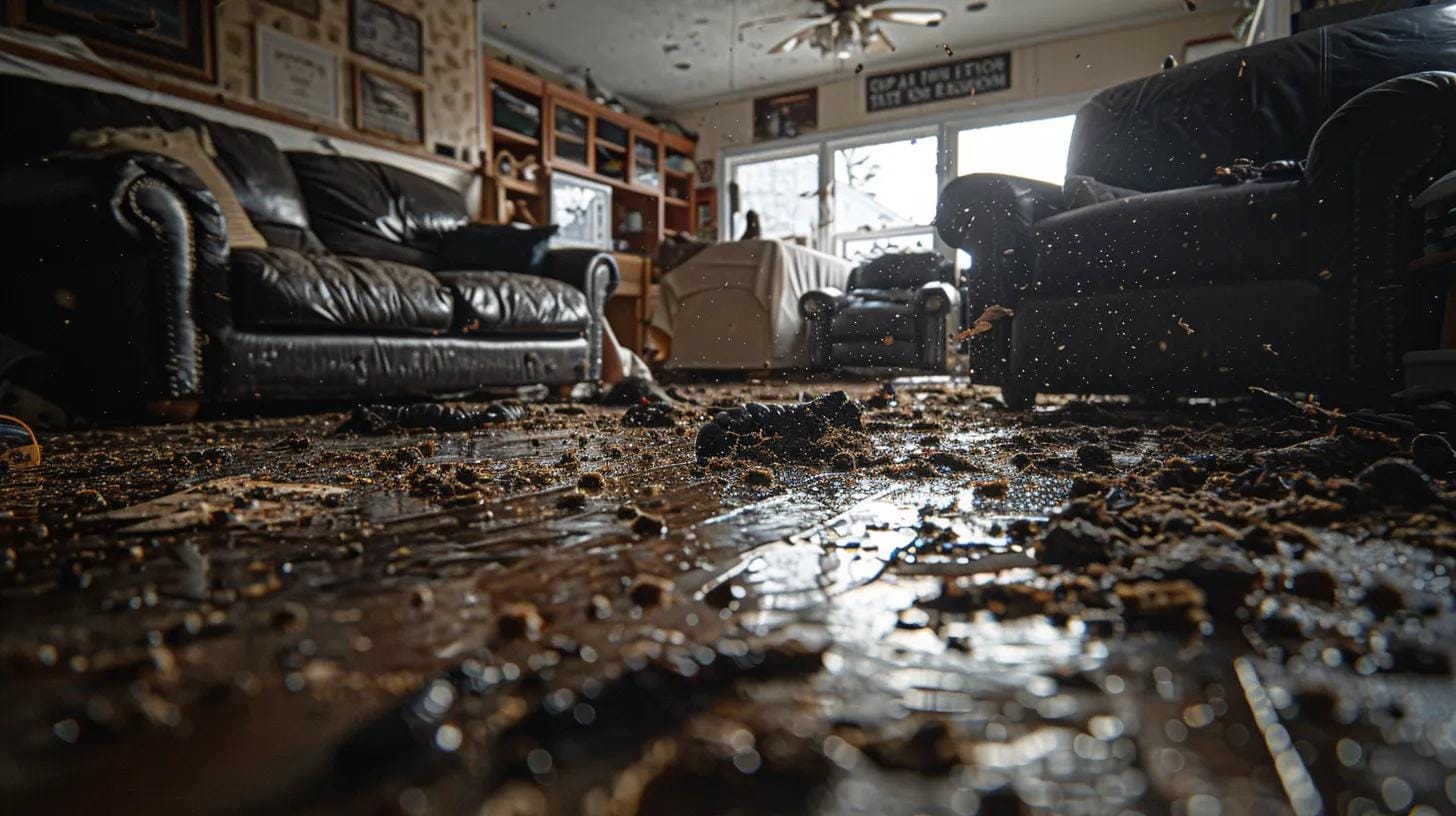 a close-up view of a cluttered home interior, spotlighting visible signs of pest infestations like sawdust-like debris from carpenter ants and chewed wires, contrasting with the sleek, modern decor to emphasize the unexpected threat within.