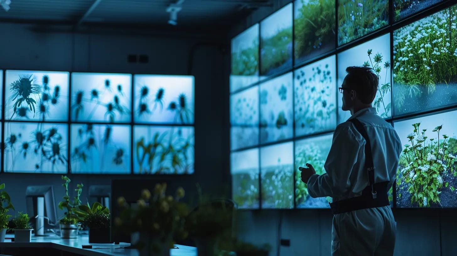 a dynamic office setting showcases a pest control technician strategizing in front of a large digital screen displaying various pest infestation scenarios, illustrating the complexity and variability that leads to additional service fees.