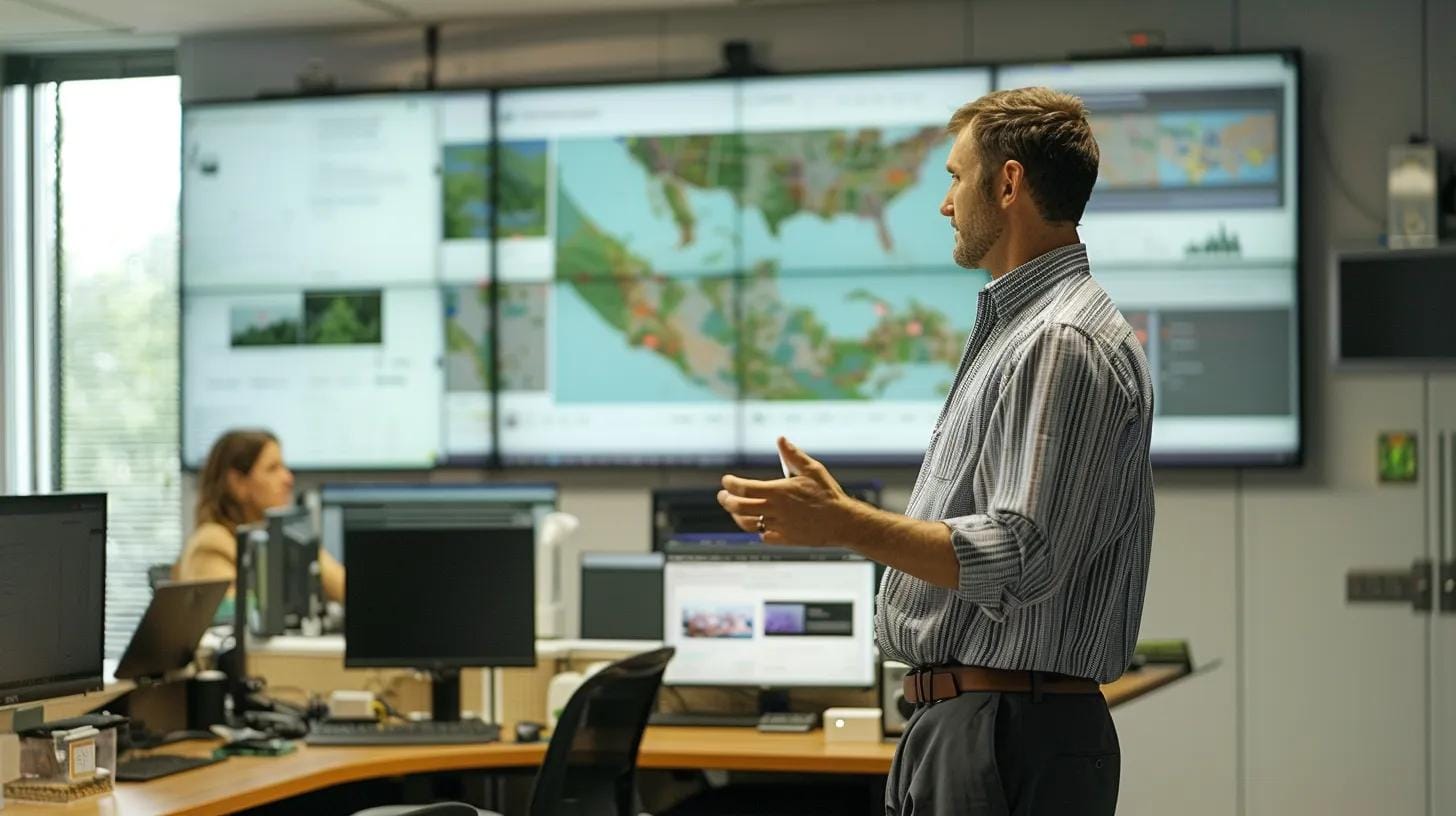 a focused office setting with a professional discussing key pest control service questions over a modern conference table, surrounded by industry-specific materials and visual aids that highlight safety protocols and treatment plans.