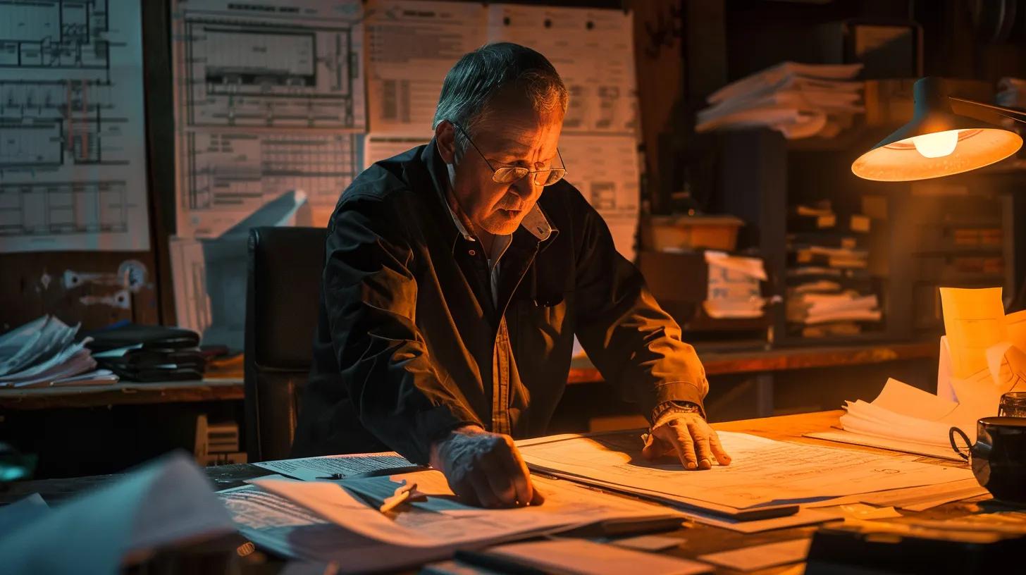 a focused urban office setting showcases a pest control professional analyzing blueprints on a desk, surrounded by evidence of pest activity such as chewed wires and infestation reports, emphasizing the urgent need for tailored pest management solutions.