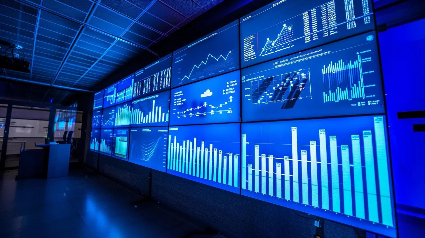 a modern office conference room, featuring a large screen displaying detailed charts and graphs of pest control warranty durations and renewal terms, illuminated by bright overhead lighting, conveying an atmosphere of professionalism and analysis.