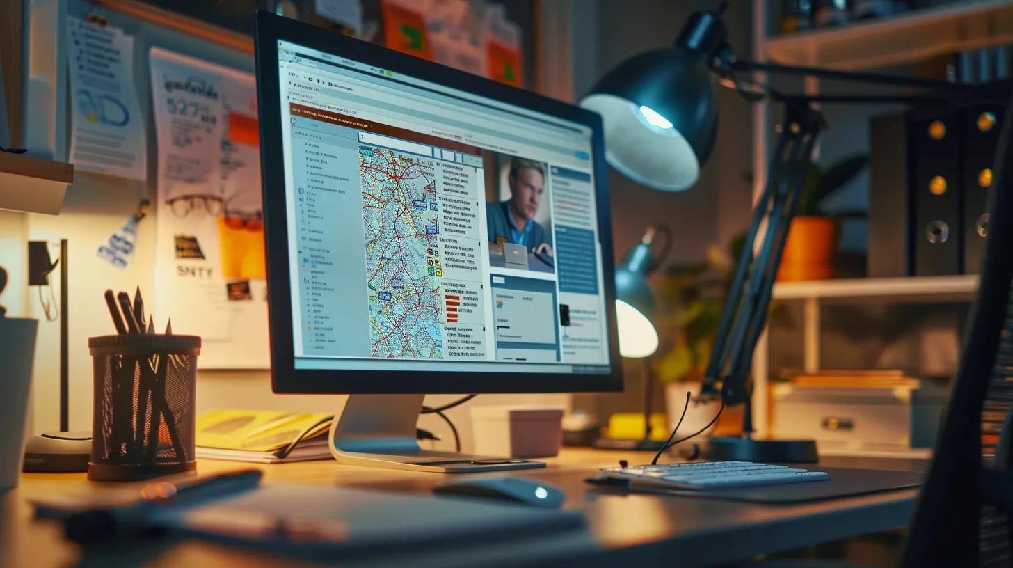 a modern office setting featuring a computer screen displaying a search engine with highlighted local pest control services, surrounded by printed reviews and a notebook filled with neighbor recommendations, all under bright, focused lighting to emphasize the pursuit of reliable pest extermination solutions.