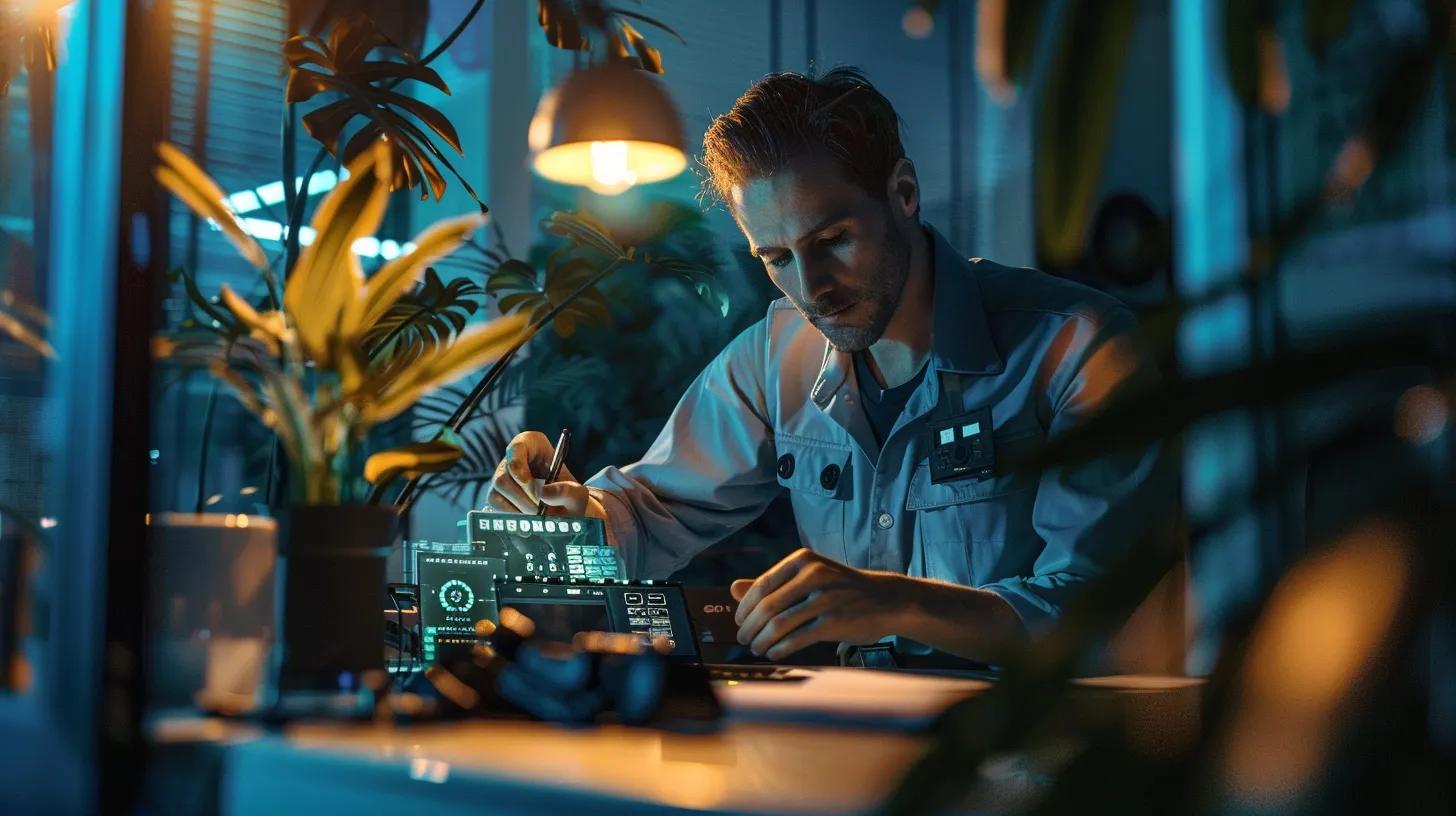 a professional pest control technician examines a high-tech monitoring device in an urban office setting, showcasing a clear focus on the detailed coverage plans tailored for various pest management solutions.
