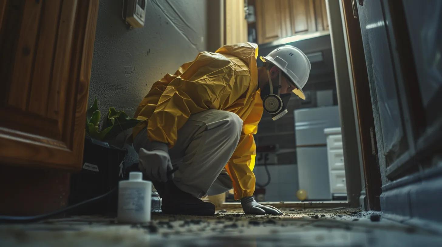 a professional pest control technician examines a home’s foundation in a well-lit, modern residential setting, showcasing the interplay of expertise and technology in effective pest management.