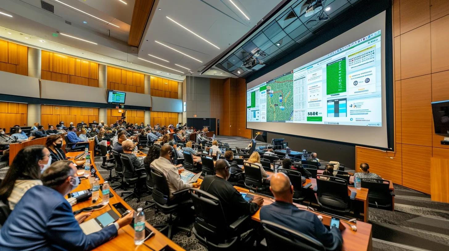 a sleek, modern conference room filled with diverse professionals actively discussing and evaluating detailed pest control service quotes and customer reviews displayed on a large screen, capturing the essence of informed decision-making in pest management.