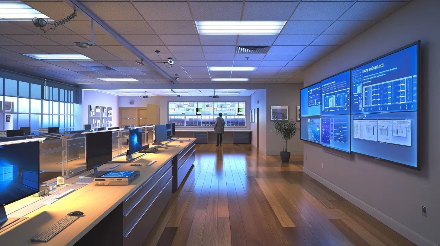 a sleek, modern office interior showcases a professional pest control technician analyzing a sophisticated pest monitoring system, with detailed reports displayed on a digital screen, emphasizing the advanced strategies used for residential pest management.