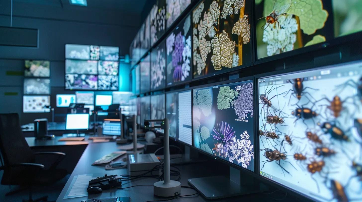 a brightly lit, modern office workspace features a sleek table covered with high-resolution images of various pests, each meticulously annotated and displayed on a large monitor, illustrating the rigorous methodology of pest identification and the accuracy of visual pest guides.