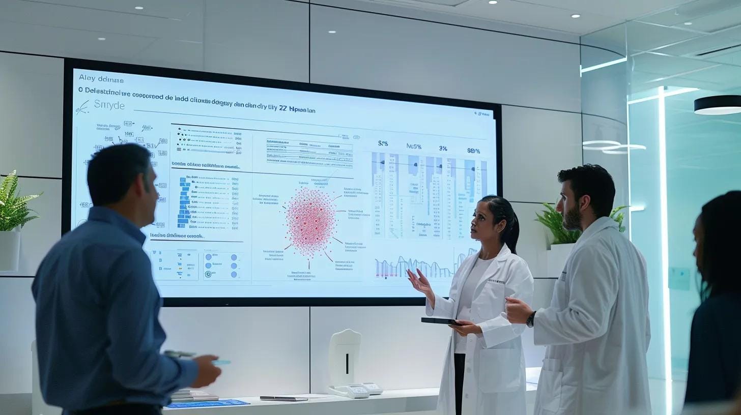 a clinical office environment features a bold, informative infographic on mosquito bites and their health risks displayed prominently on a sleek digital screen, surrounded by attentive individuals engaged in discussion.