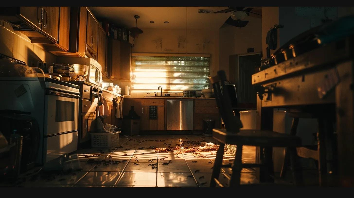 a close-up view of a coral gables kitchen, vividly highlighting ant trails near a food storage area and a shadowy corner with signs of rodent activity, all under warm overhead lighting that accentuates the urgent need for pest control.