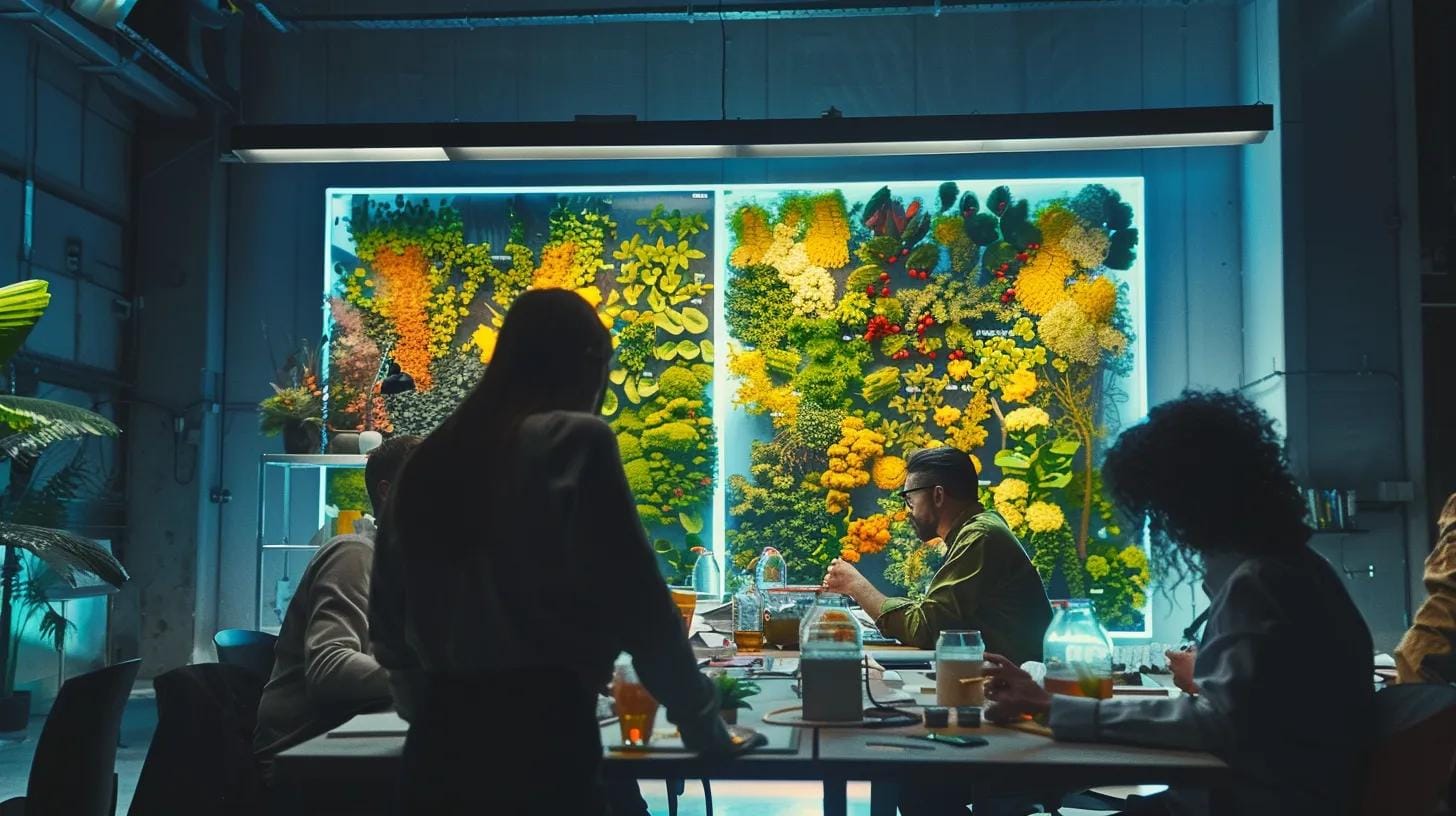 a detailed, brightly lit office environment features a diverse group of agricultural professionals attentively examining a large colorful visual guide depicting various pests and beneficial insects, fostering a collaborative atmosphere focused on sustainable pest management strategies.