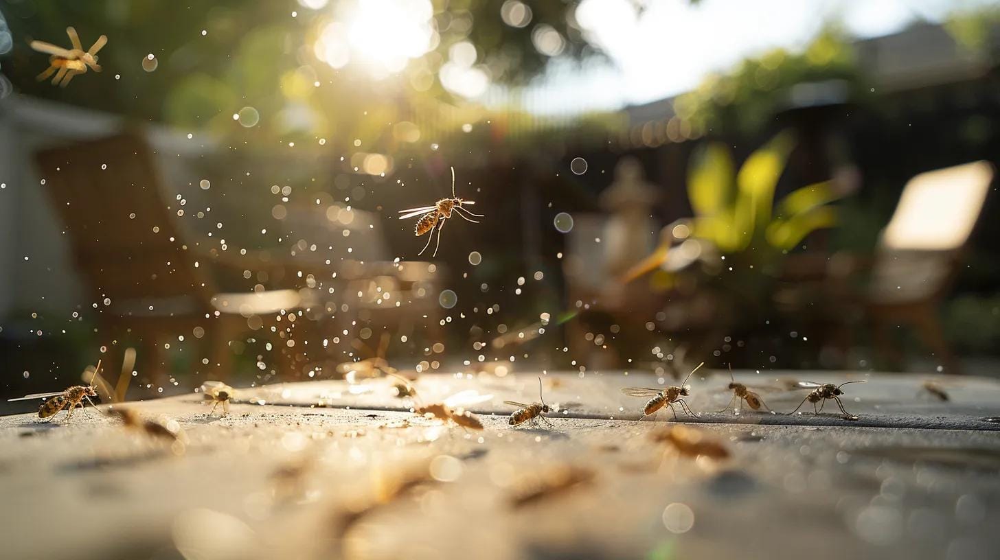 a dynamic close-up shot of a residential backyard, showcasing an array of common summer pests like mosquitoes and ants in vivid detail, with a blurred backdrop of a well-maintained patio and outdoor furniture, emphasizing the urgency of pest control during the summer months.