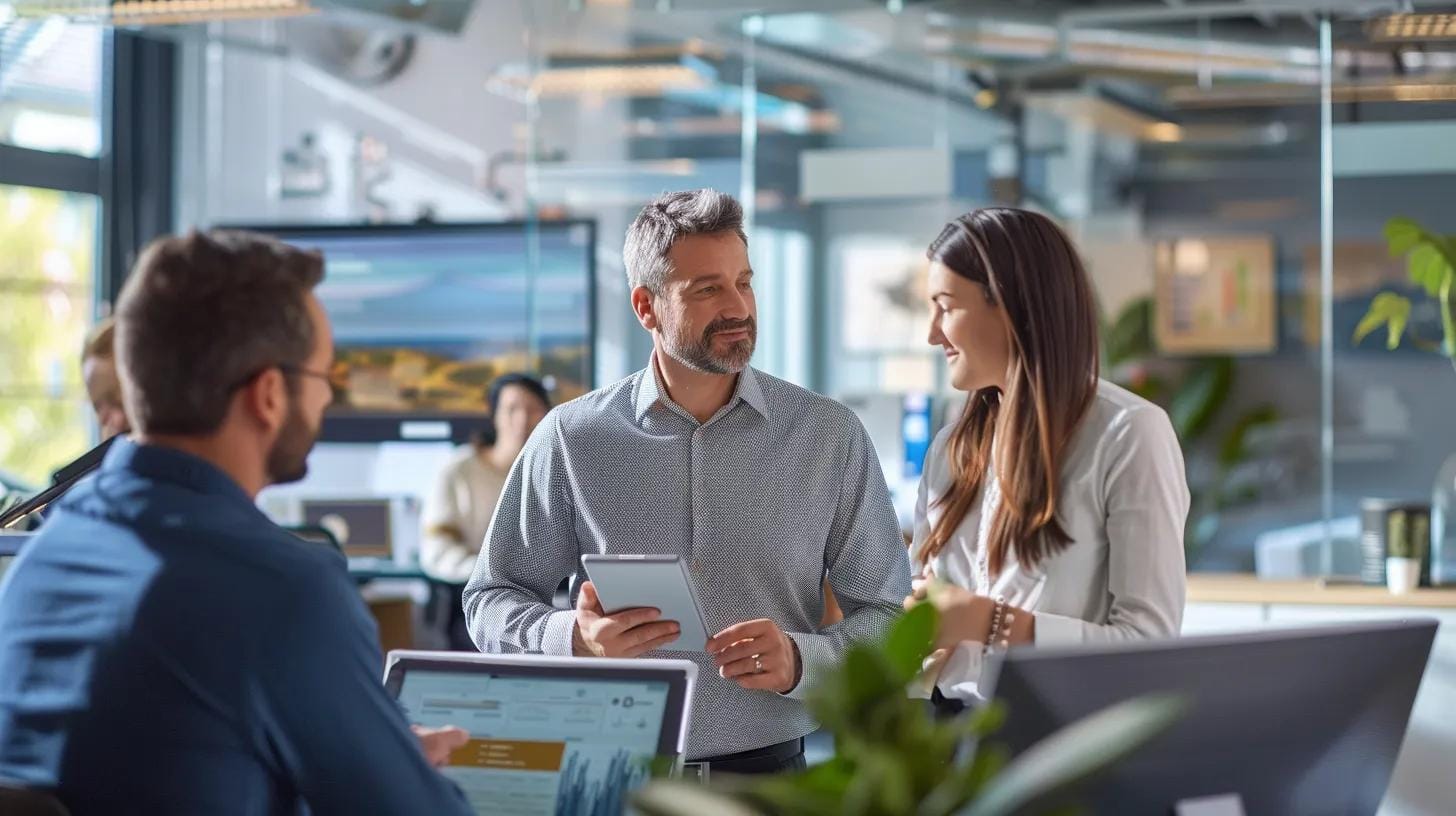 a focused and modern pest control office showcases a diverse team of professionals engaged in a detailed discussion over a digital tablet, surrounded by pest management tools and educational materials, emphasizing local expertise and tailored service solutions.