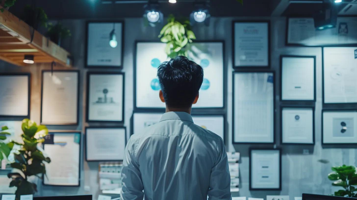 a focused office setting showcases a professional inspecting a detailed report, surrounded by certificates and awards on the walls, emphasizing the importance of verified credentials in the wdo inspection industry.