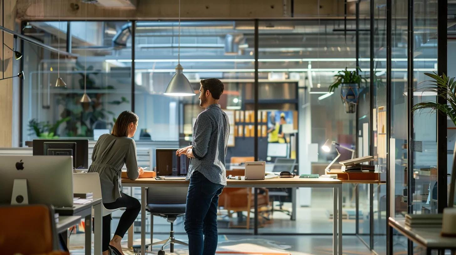 a focused urban office scene captures a professional engaged in a detailed discussion with a client, surrounded by inspection reports and a laptop, conveying the importance of reliable wdo inspection services.