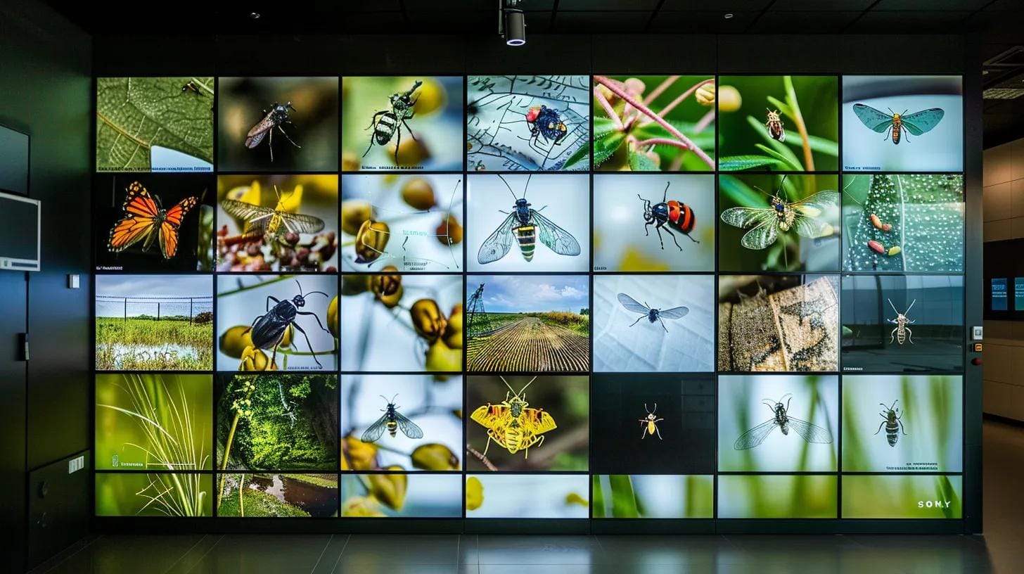 a high-resolution digital display features a visually engaging compilation of diverse pest identification guides, showcasing detailed photographic close-ups of various insects alongside illustrative diagrams and interactive elements, all set within a sleek, modern office environment.
