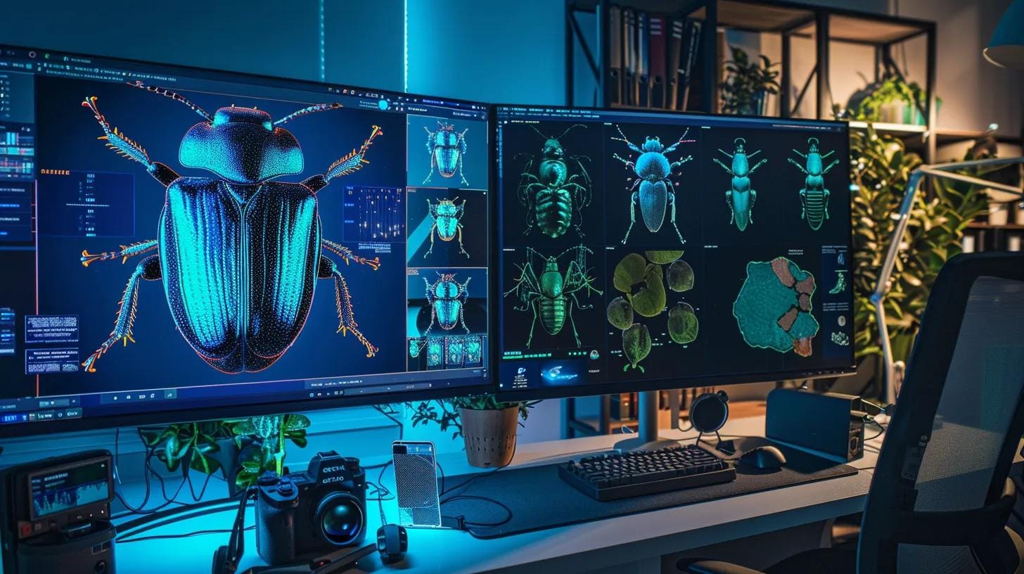 a high-tech office setup showcases two large monitors displaying interactive side-by-side comparisons of vibrant beetle species, complete with detailed annotations highlighting unique body shapes, colors, and markings against a sleek, modern backdrop.