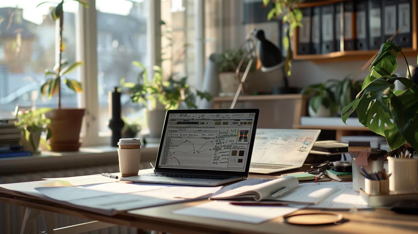a meticulously arranged indoor workspace features an open wdo inspection report on a sleek desk, showcasing clear photographs of wood damage and detailed notes, with a modern laptop and a cup of coffee in the background, conveying a professional atmosphere focused on property analysis.