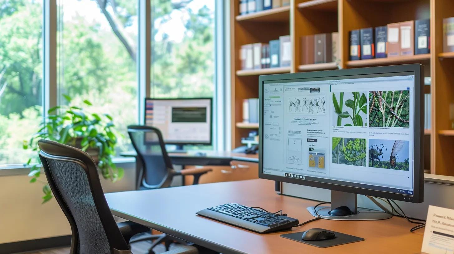 a modern, brightly-lit office workspace features a sleek computer screen displaying interactive pest identification tools and downloadable guides, surrounded by neatly organized resources, showcasing a professional atmosphere dedicated to pest management education.