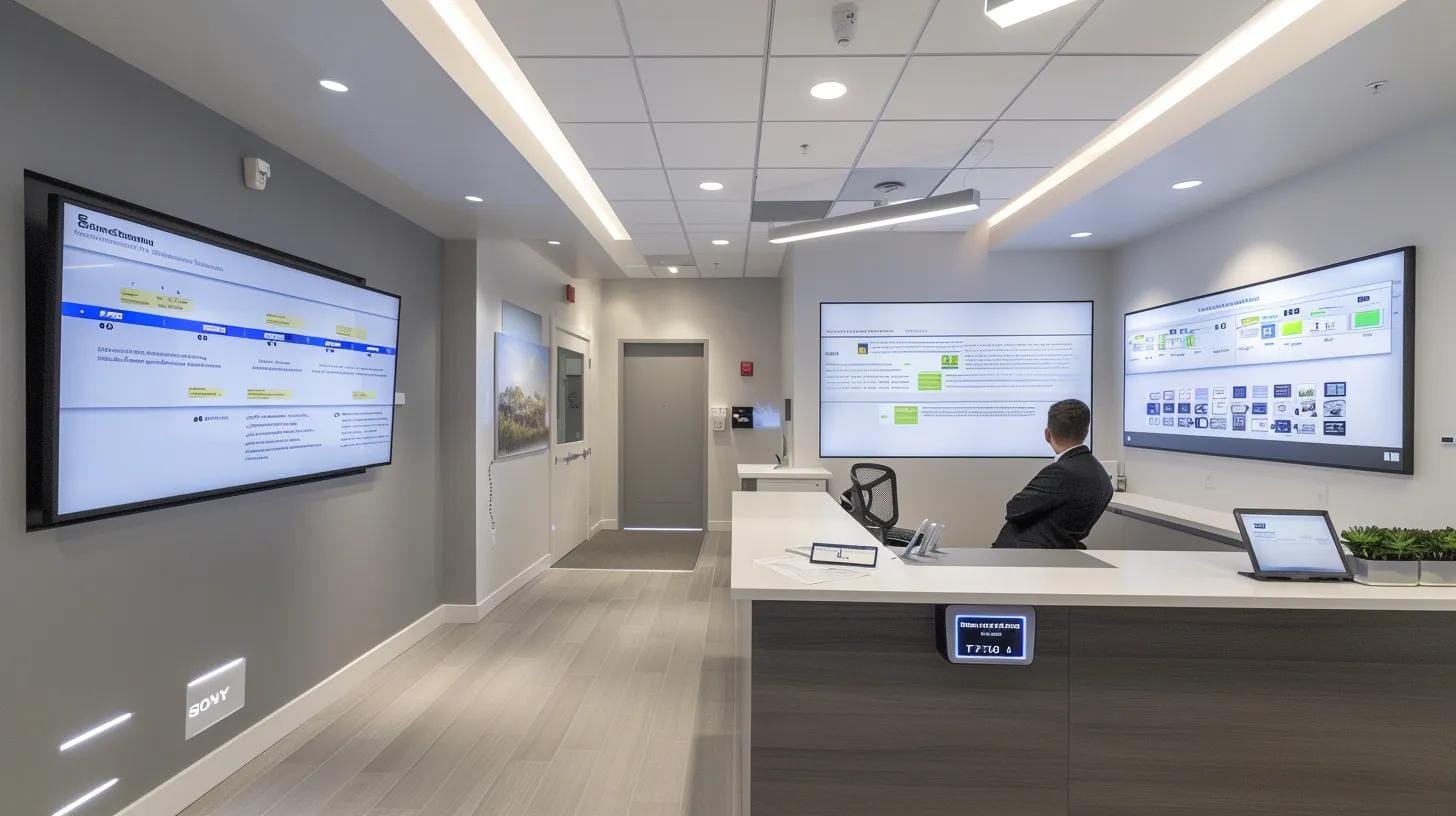 a modern, brightly lit pest control office in coral gables, featuring a sleek desk with pest management tools, charts of various pest species on the walls, and an attentive professional discussing integrated pest management strategies with a concerned homeowner.