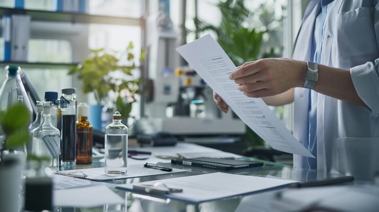 a modern office environment showcases a professional consultant reviewing a detailed pest inspection report on a sleek desk, surrounded by various treatment options like chemical canisters, mechanical tools, and moisture control devices, emphasizing proactive measures against wood-destroying organisms.