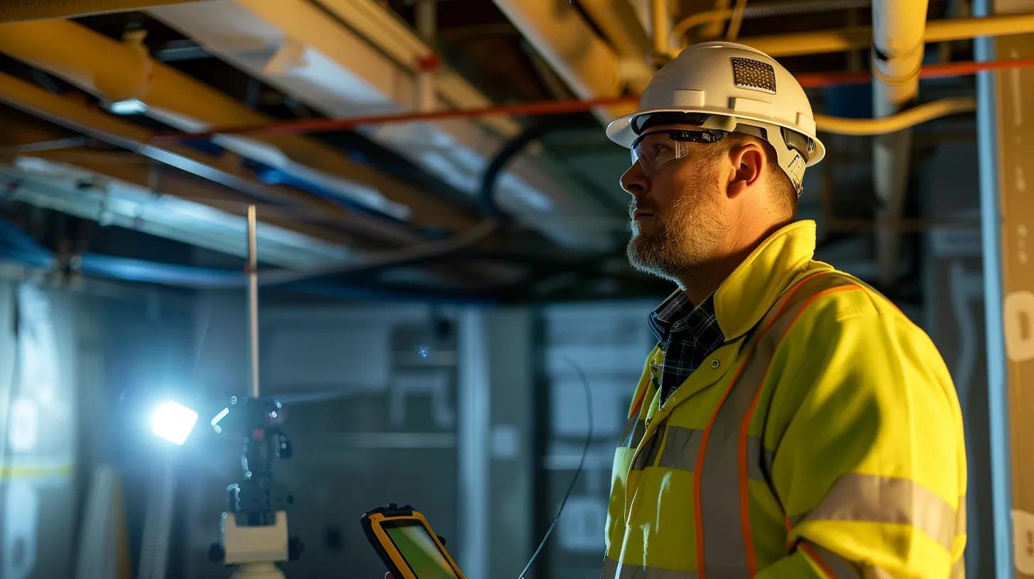 a modern office inspection setting featuring a professional inspecting a home's foundation with advanced tools like a moisture meter and thermal imaging camera, radiating a sense of reliability and thoroughness in property protection.