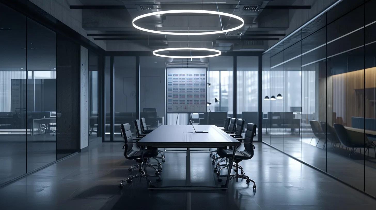 a modern office space features a sleek conference table with a detailed chart comparing pest control pricing structures, illuminated by bright overhead lighting, emphasizing clarity and professionalism in decision-making.