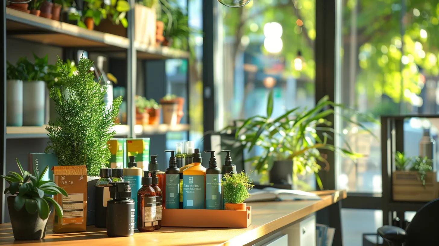 a modern, sunlit office space features a vibrant display of eco-friendly pest control products arranged on a sleek desk, emphasizing sustainable alternatives and innovative solutions amidst a backdrop of greenery-inspired decor.
