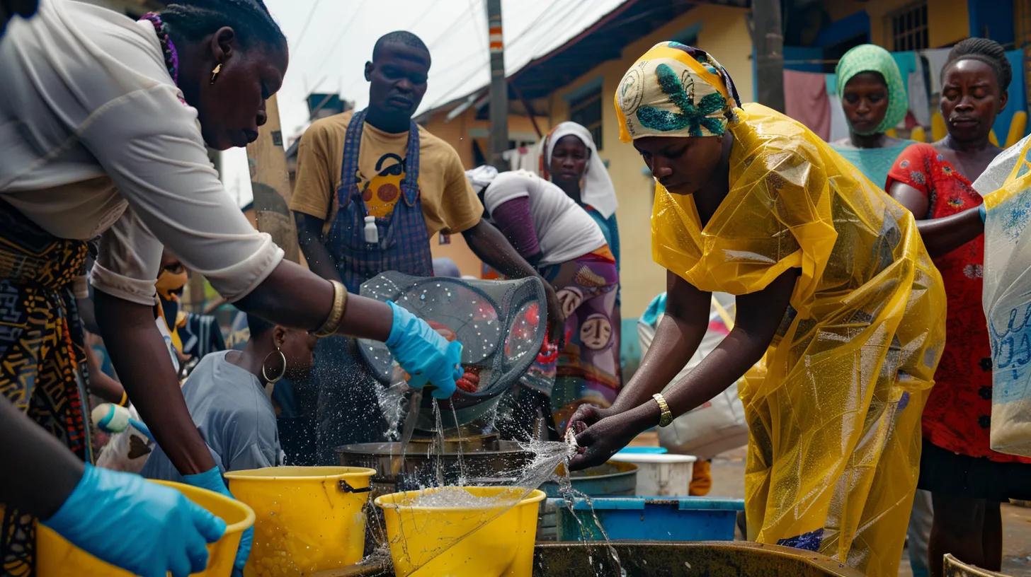 a modern urban setting features a diverse group of people in stylish, protective clothing applying insect repellent and installing mosquito nets while engaged in a community clean-up to eliminate standing water, emphasizing proactive measures against mosquito-borne diseases.