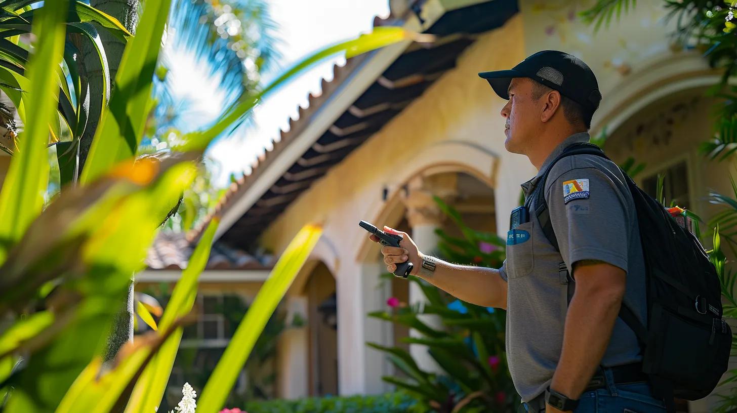 a professional pest management expert attentively inspects a vintage coral gables home, utilizing specialized equipment to assess termite risk, with a visible focus on the unique architectural features that highlight the importance of tailored pest solutions in a humid subtropical environment.