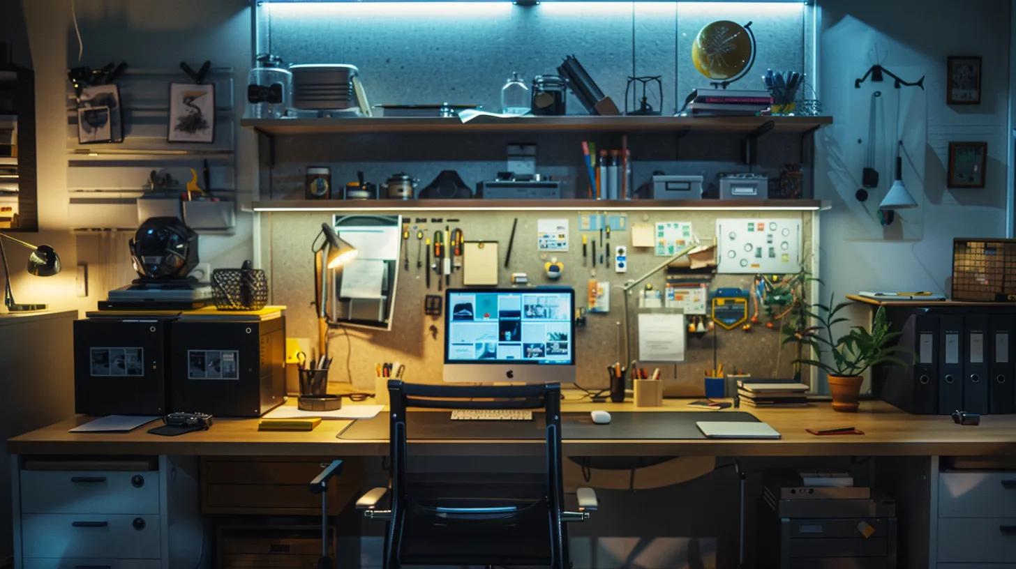 a sleek, modern home office illuminated by soft, focused lighting features an organized desk with pest control guides and neatly arranged tools, conveying a proactive and knowledgeable approach to managing summer pests.