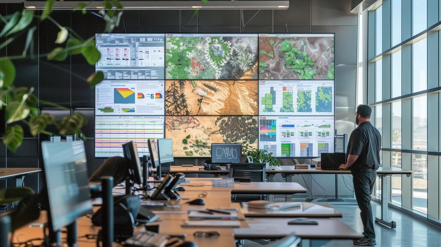 a sleek, modern office space features a large digital screen displaying vibrant, updated visual guides of pest identification, with a researcher intently analyzing the data on a laptop amidst a backdrop of industry reference books and vibrant graphics.