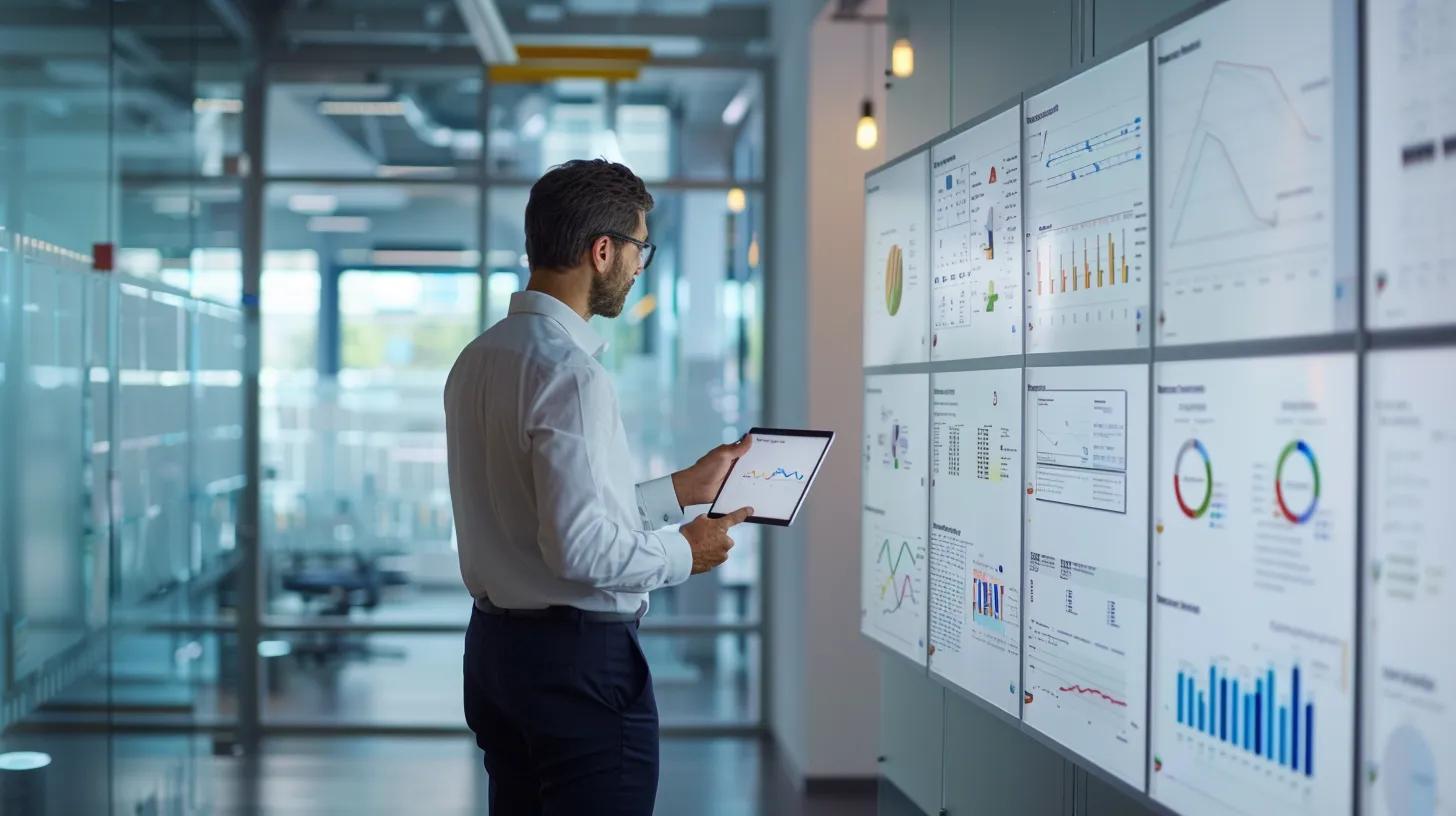 a sleek, modern office environment features a large whiteboard filled with colorful diagrams and charts, showcasing various pest control methods, while a focused professional analyzes the information with a tablet in hand.