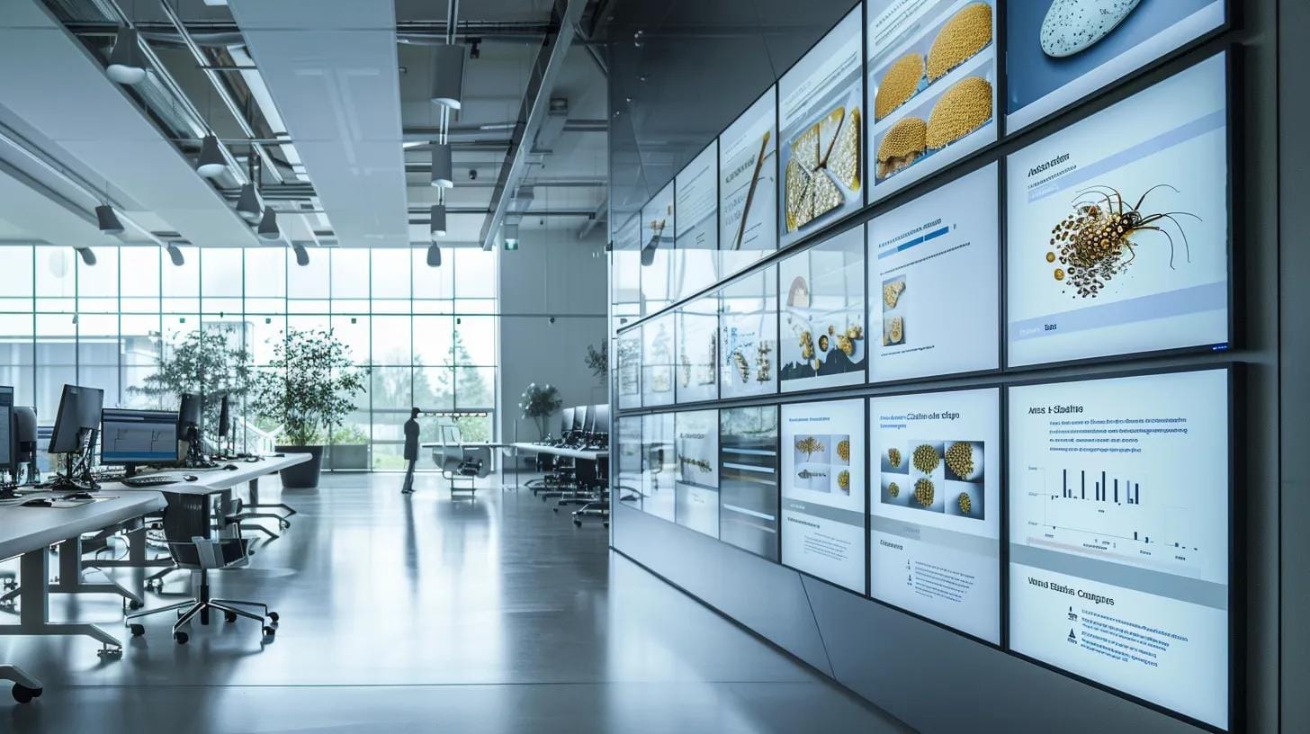 a sleek, modern office environment showcases a large digital screen displaying a dynamic photo gallery of pests, with detailed images of mealybugs and moths highlighted alongside expert annotations and illustrated guides, all illuminated by sharp, professional lighting to emphasize clarity and detail.