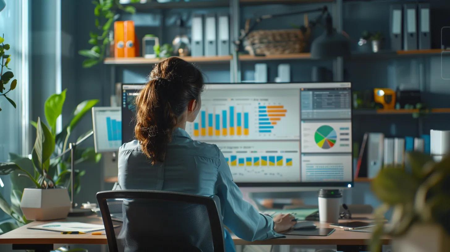 a sleek, modern office environment showcases a focused homeowner seated at a sophisticated desk, analyzing detailed wdo inspection reports on a high-resolution screen, surrounded by charts and graphs comparing costs and services from various providers.