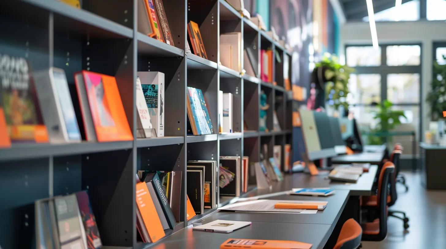 a sleek modern office workspace is filled with vibrant, printed visual pest identification guides and interactive e-book displays, showcasing a variety of formats designed for efficient identification and rapid decision-making on pest management.