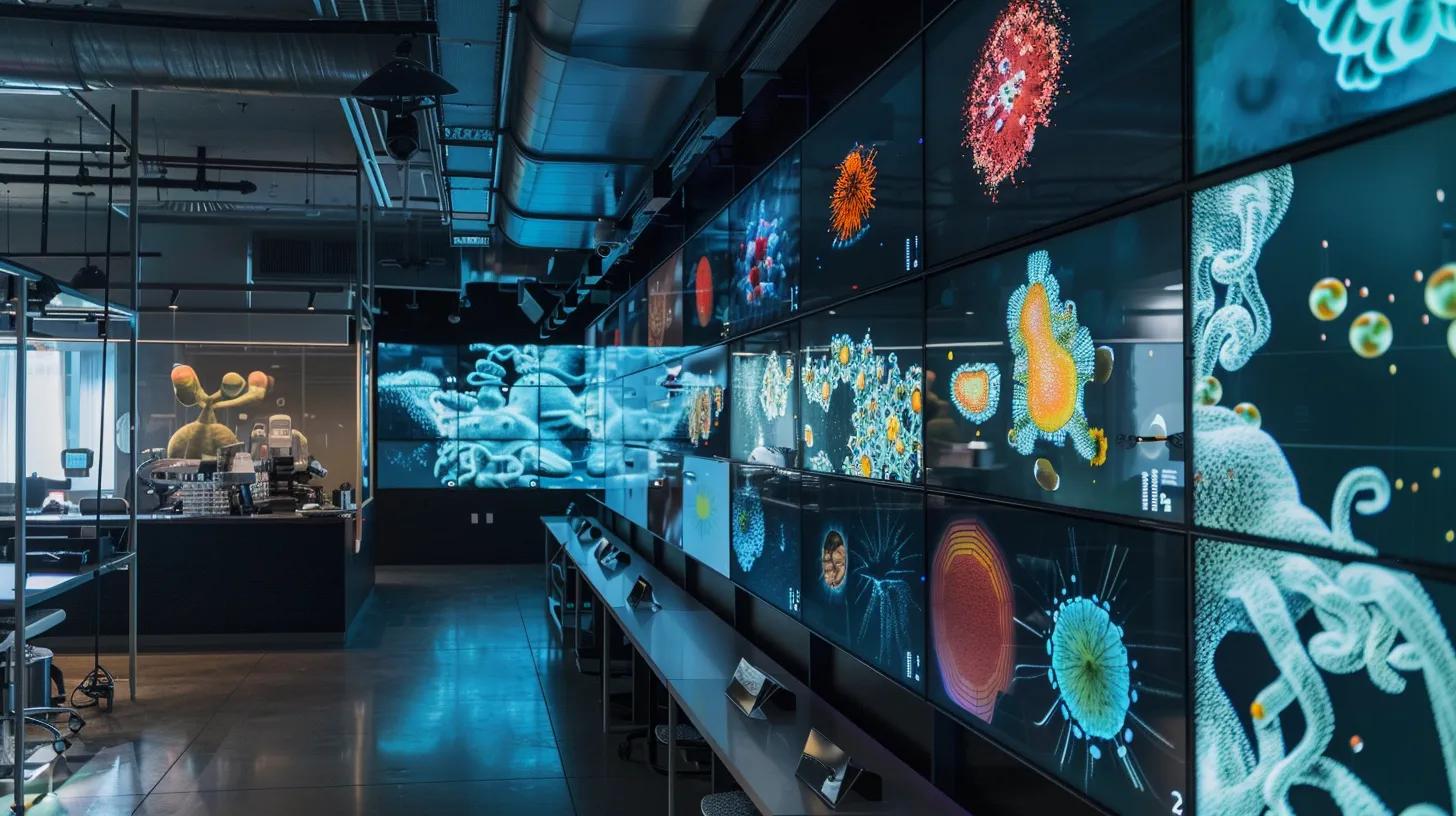 a sleek, modern office space displays an array of detailed visual guides for pest identification on a large digital touchscreen, showcasing high-quality images and diagrams of various pest species juxtaposed with beneficial organisms in sharp focus, highlighting the importance of accurate identification in pest management.