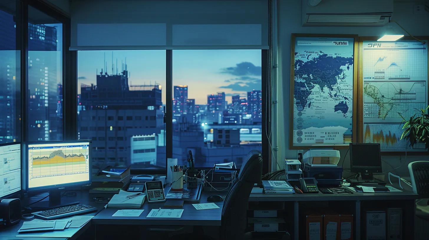 a stark urban landscape at dusk reveals a public health office, with regional maps and disease statistics displayed prominently, as professionals analyze mosquito-borne disease outbreaks in tropical regions, emphasizing the urgency of addressing climate-related geographic risks.